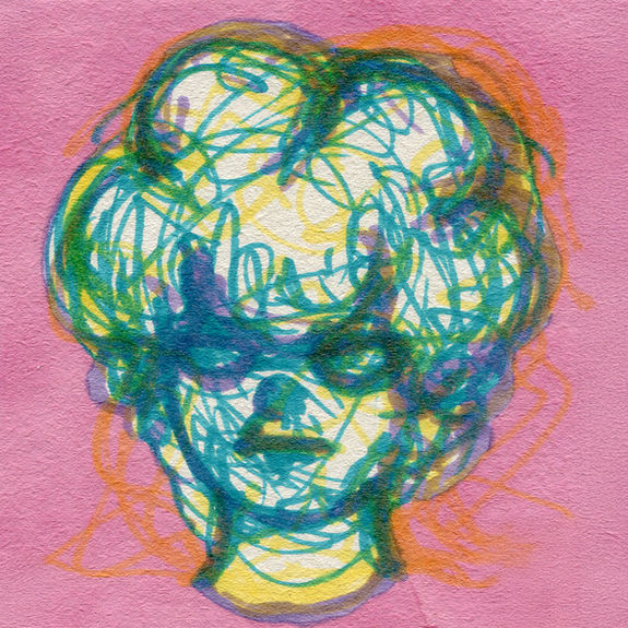 Dessin spontané et coloré de Kévin Ntima. Un visage imaginaire aux teintes vives, composé de multiples couleurs sur un fond coloré uni, créant une esthétique originale proche de l’illustration.