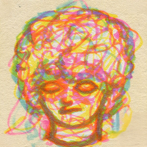 Dessin spontané et coloré de Kévin Ntima. Un visage imaginaire aux teintes vives, composé de multiples couleurs sur un fond coloré uni, créant une esthétique originale proche de l’illustration.