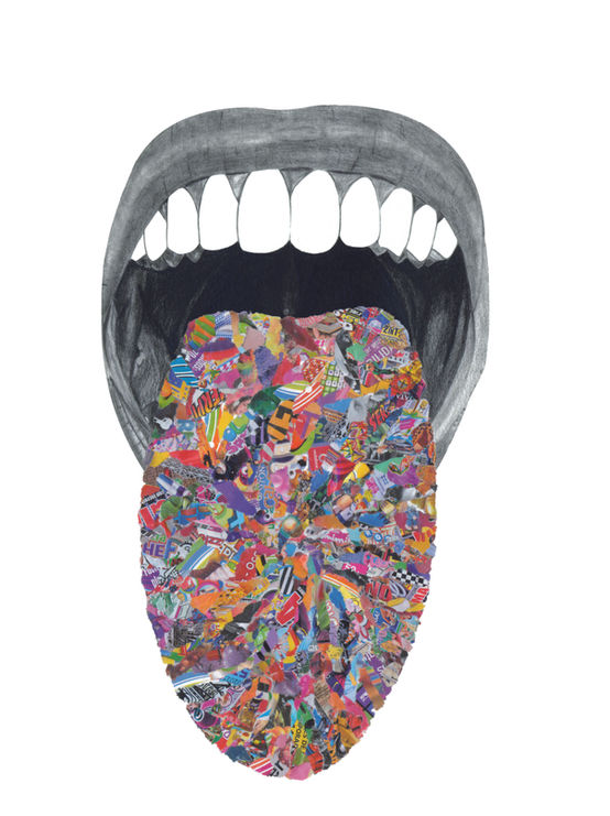 Œuvre combinant collage et dessin dans une approche esthétique unique par Kévin Ntima. Les fragments de papier soulignent certaines parties du dessin, créant un jeu de contraste et de profondeur purement visuel.