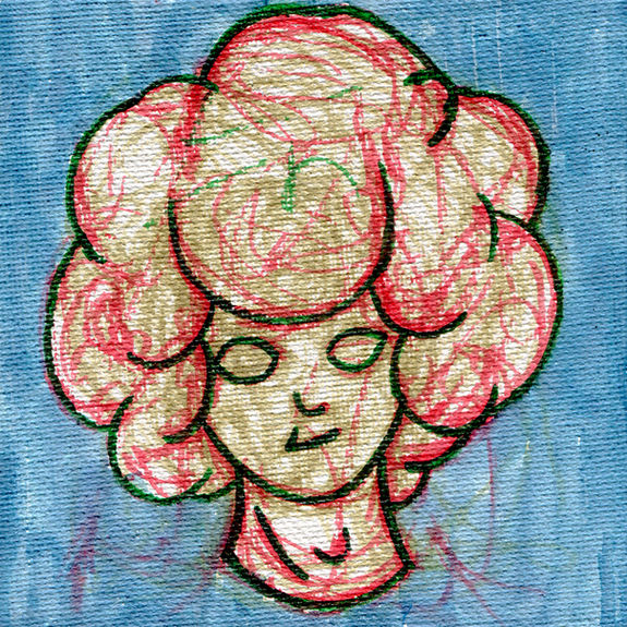Dessin spontané et coloré de Kévin Ntima. Un visage imaginaire aux teintes vives, composé de multiples couleurs sur un fond coloré uni, créant une esthétique originale proche de l’illustration.
