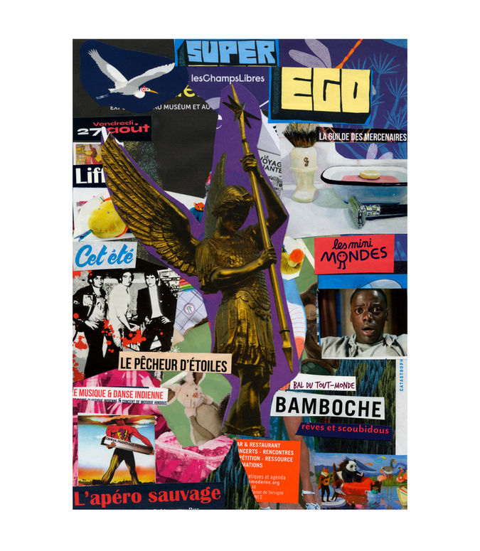 Œuvre originale de la série Les Visuels de Face de Tract par Kévin Ntima. Collage unique composé de fragments de tracts et d’écrits collectés dans l’espace public, où l’image et le texte se répondent pour créer une narration ouverte et poétique