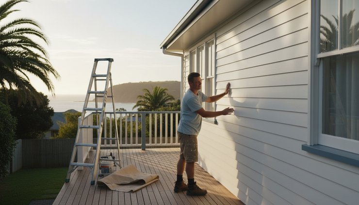 Medium shot of a painter checking a finished exterior wall beside a ladder and drop sheet