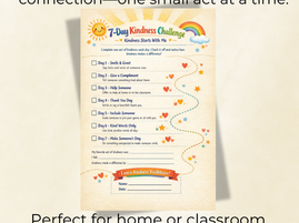 7-Day Kindness Challenge for Kids printable with simple daily acts to teach kindness, empathy, and positive behavior at home or in the classroom