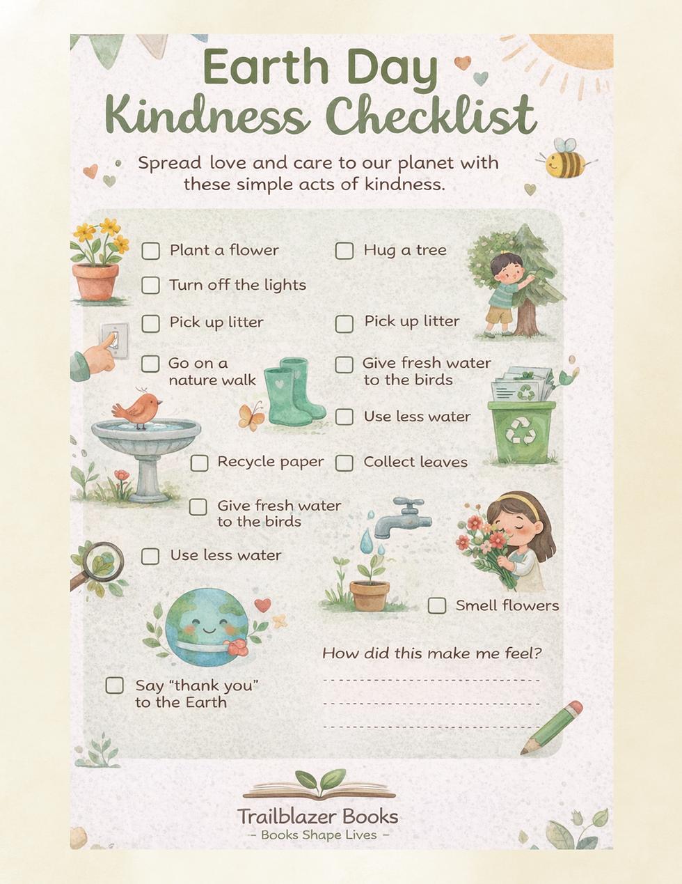 Printable Earth Day kindness checklist with simple Earth Day activities for kids, including planting flowers, recycling, and caring for nature
