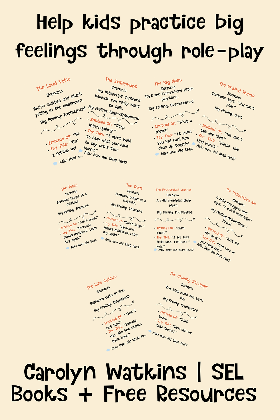 Social emotional learning role play cards printable for classroom and home use – SEL scenarios for big feelings, conflict resolution, and emotional regulation practice.