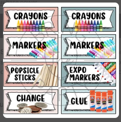 Printable classroom labels for organizing school supplies, including crayons, markers, glue, and classroom materials.