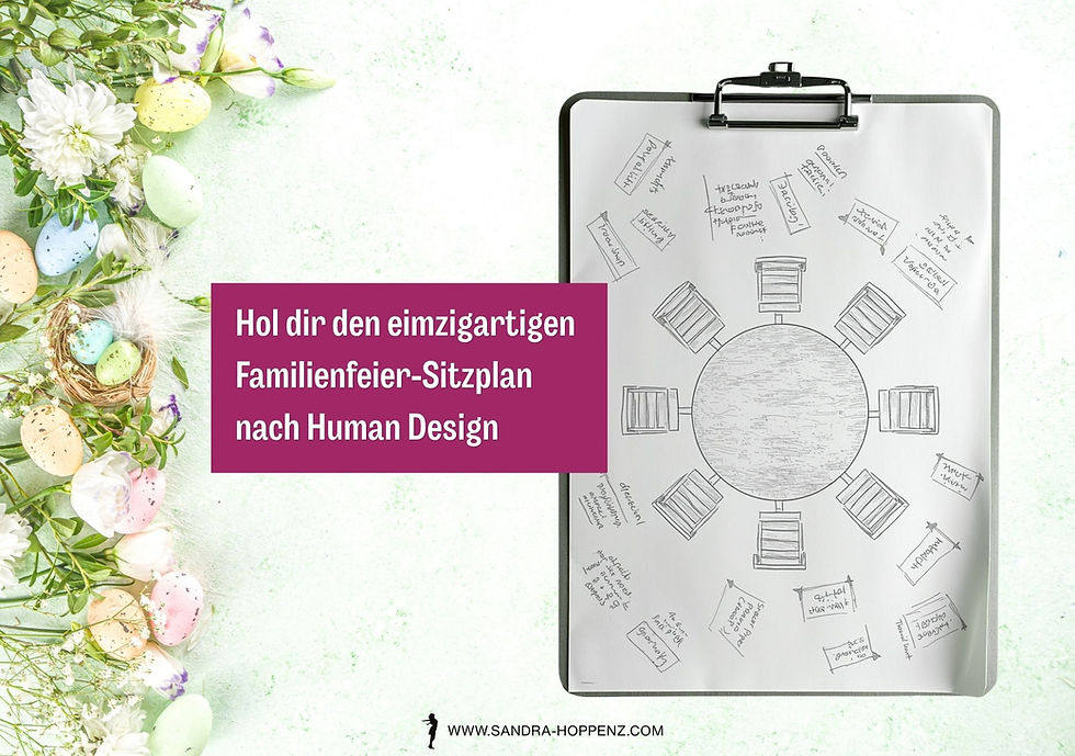 Tischplan-Zeichnung auf Klemmbrett, grüne Hintergrunddeko mit Eiern und Blumen, Text: Hol dir den einzigartigen Familienfeier-Sitzplan.
