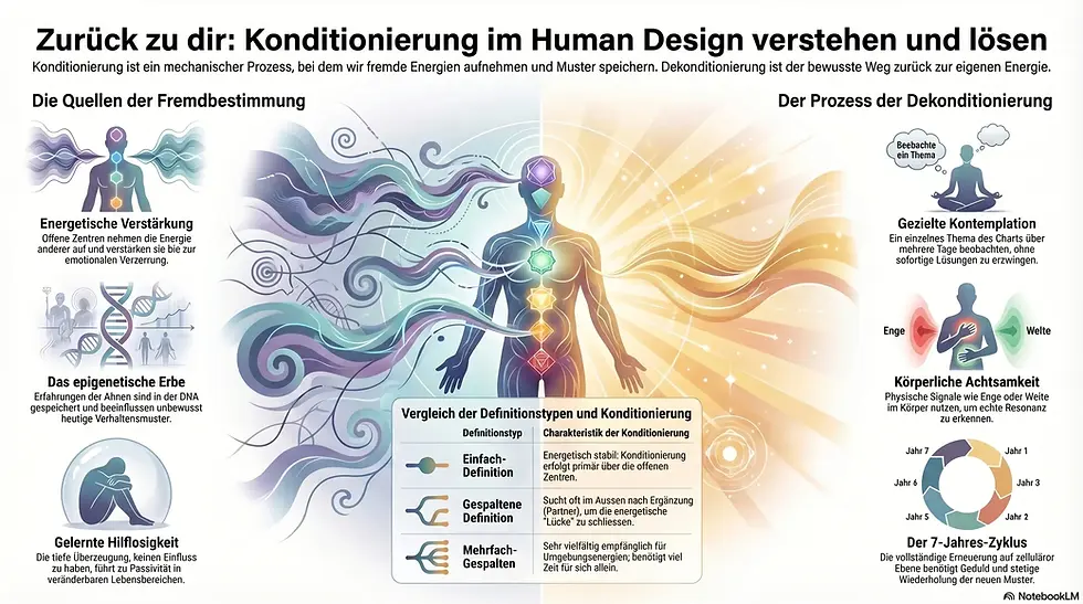 Menschenfigur mit bunten Energiezentren links von Wellen, rechts von Strahlen umgeben. Text erläutert Human Design, Dekonditionierung.