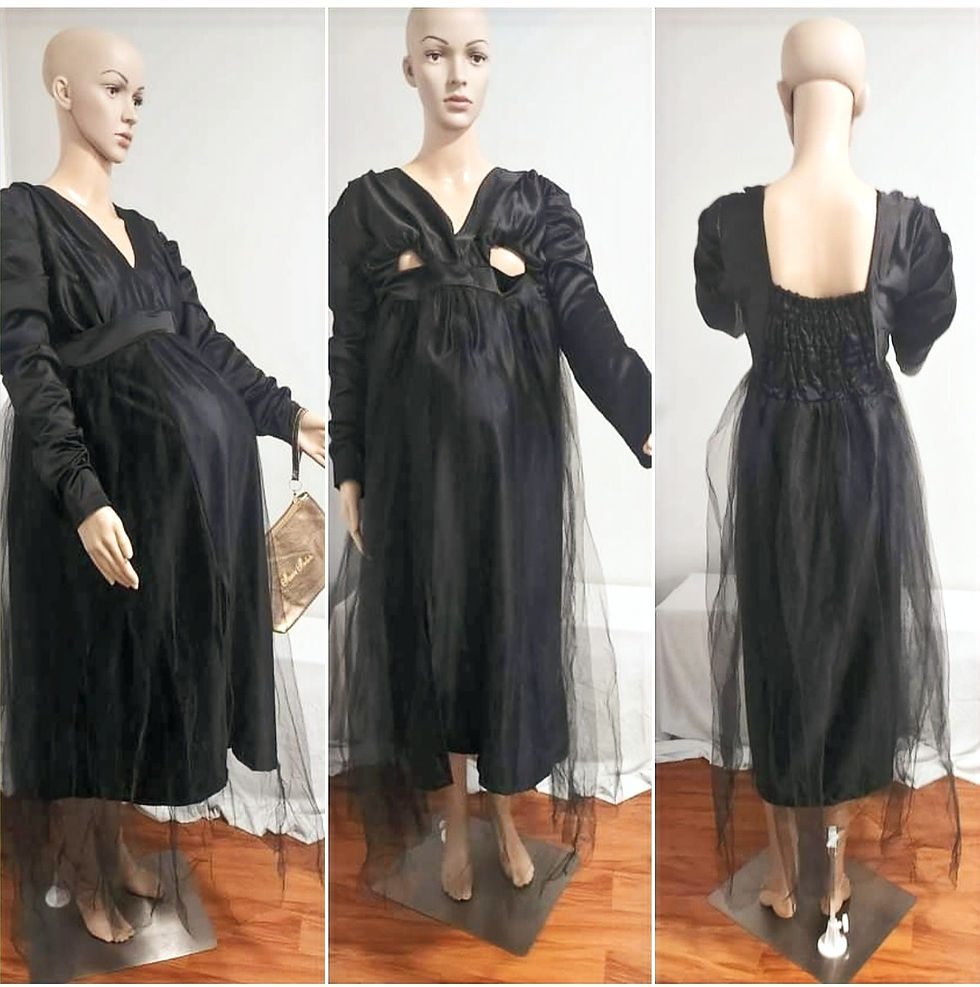 Slip-In Long Puffed Sleeve Satin Black Gown