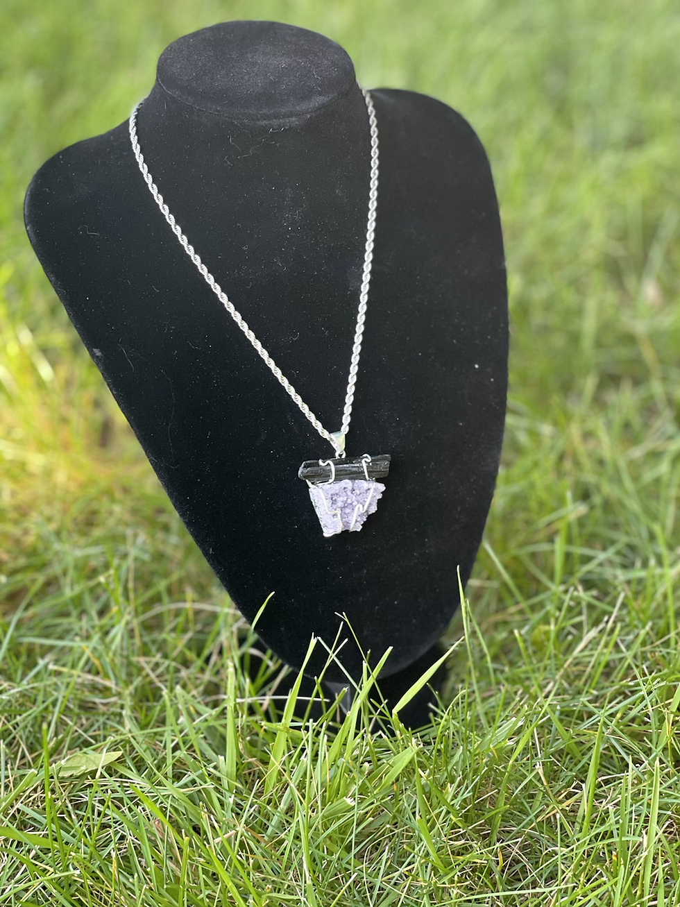 Thumbnail: Black Tourmaline on Amethyst Necklace ~18” ~Silver Necklace