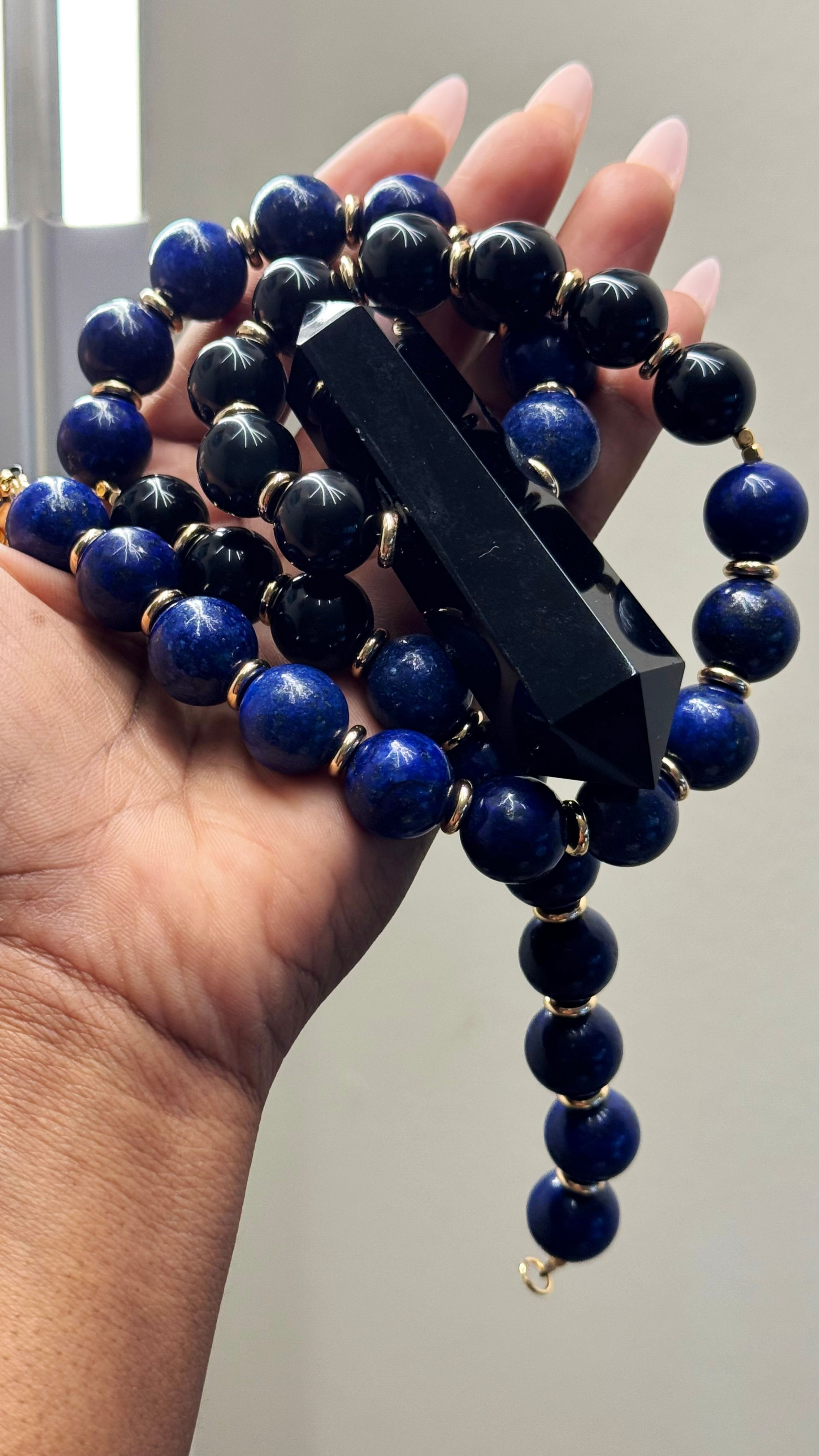 Custom Made | Black Obsidian + Lapiz Lazuli Necklace W/ 18k Gold Plated Clasp  