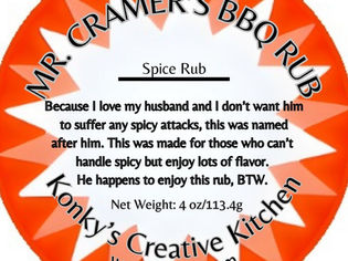 Spice rub label identifying Mr. Cramer's BBQ Rub