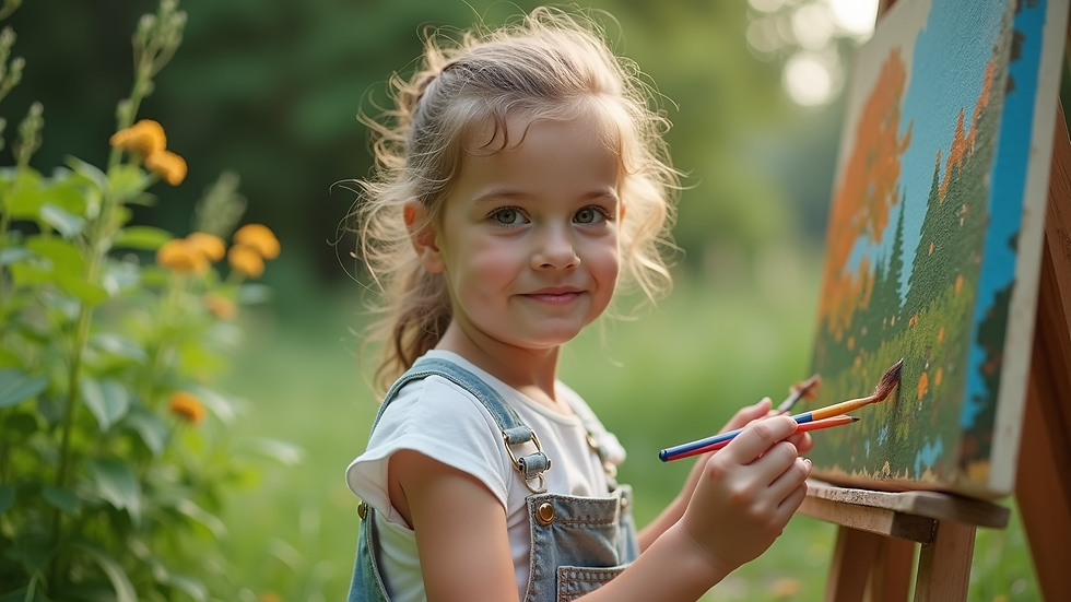Eye-level view of a young artist painting outdoors surrounded by greenery