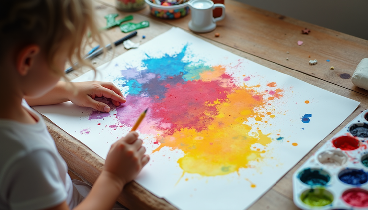 High angle view of child painting colorful abstract art on large paper