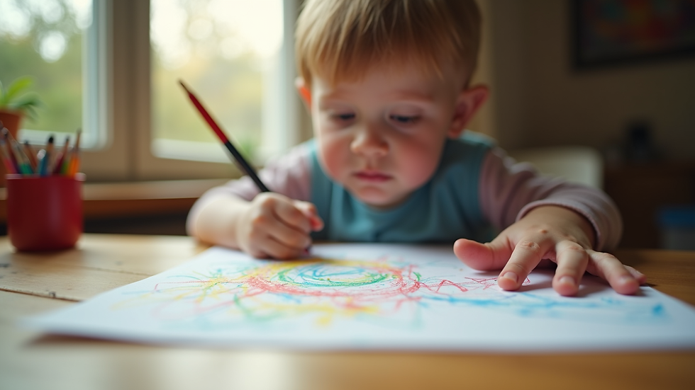 Eye-level view of a child’s colorful drawing set on a wooden table