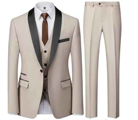 Thumbnail: Men's black three-piece suit, consisting of a blazer, trousers, and waistcoat.