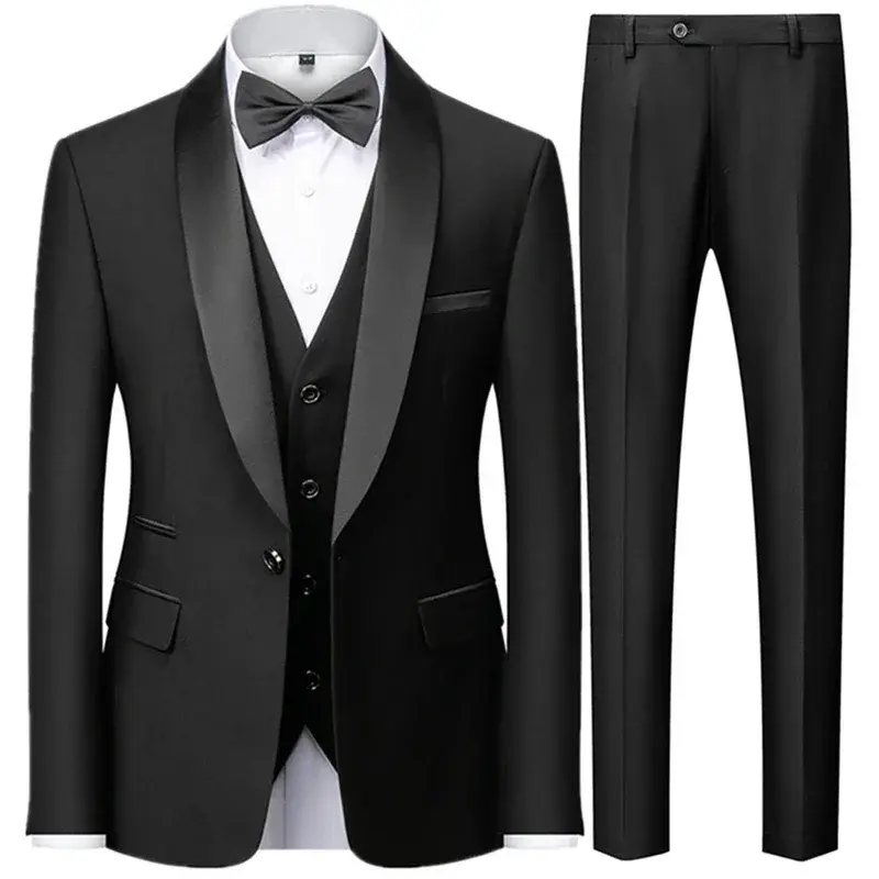 Thumbnail: Men's black three-piece suit, consisting of a blazer, trousers, and waistcoat.
