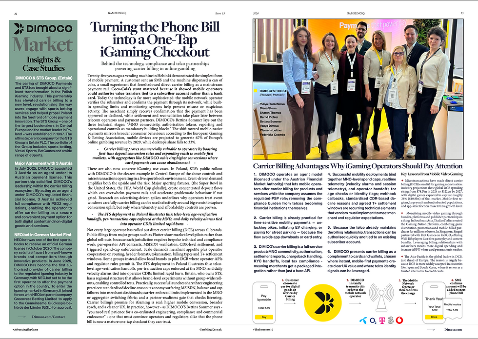 The One-Tap iGaming Checkout: Pictured above at a recent conference are some of DIMOCO's finest. From left; Yuliya Piatachkova, Diana Sturm, Sharon Thomas, Bernd Pichler, Bettina Sommer, Vanya Dimova, Clemens Leitner, and Federicka Coombs
