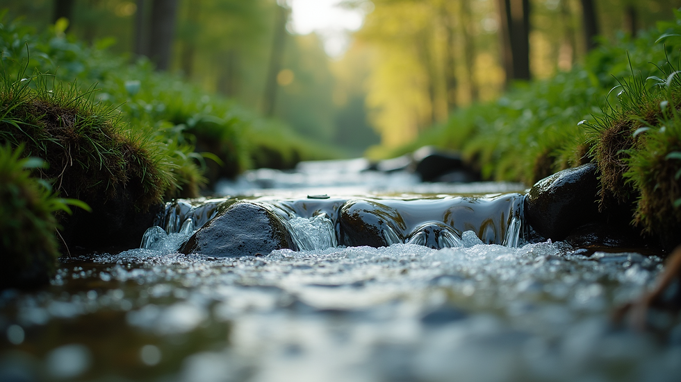 Close-up view of a serene nature scene with a flowing stream