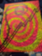 Psychedelic art of swirling pink, yellow, and orange patterns with black spirals and ladder-like shapes on a vibrant, colorful canvas.