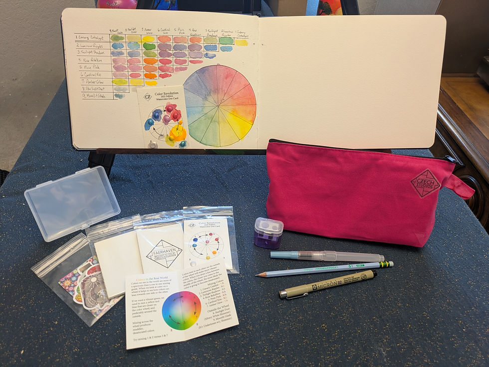 The portable Artist Trading Card kit shown with various art materials and an example of the colors provided used to create a color study. 