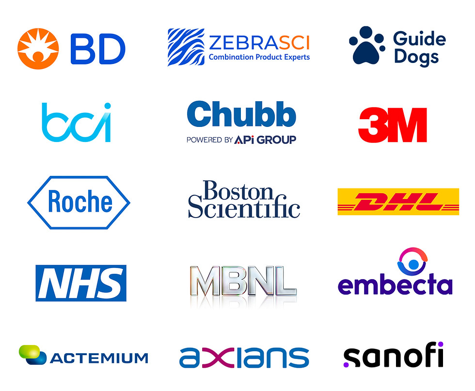 Client logo collage featuring BD, Guide Dogs, Zebrisci, 3M, DHL, NHS, Embecta, Chubb, and more trusted partners