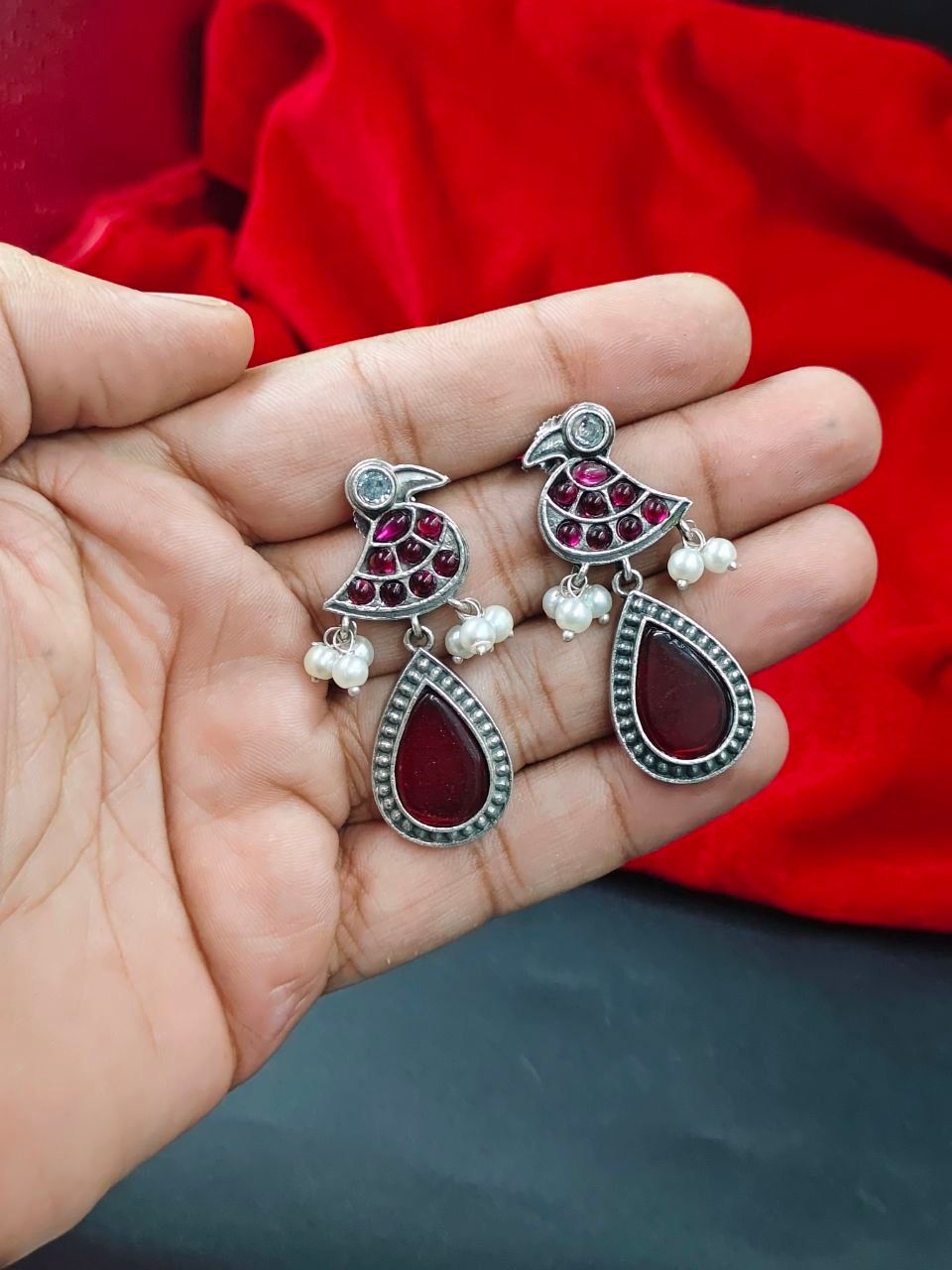 Oxidised Silver Look Like Bird Earring with Stone Work for Women