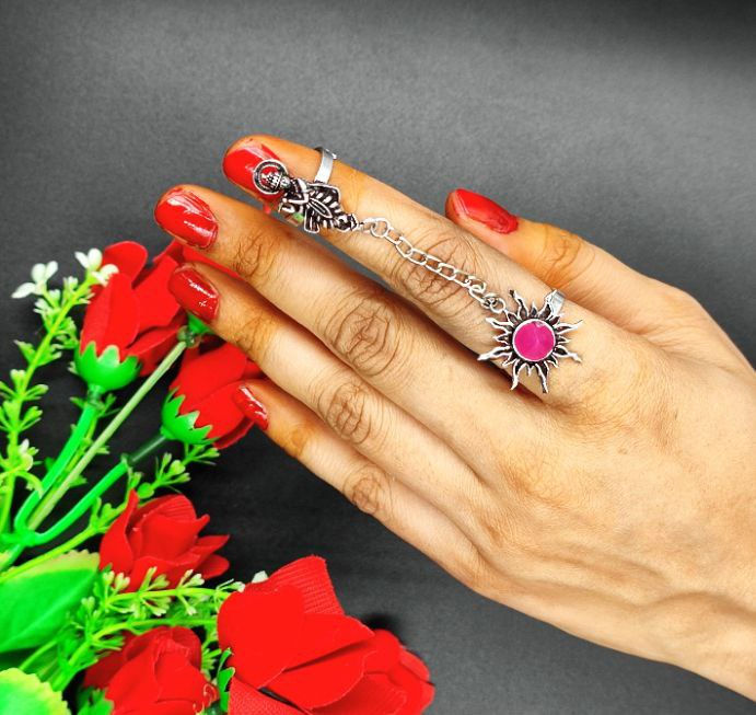 Oxidised Krishna Double Finger Ring with Chain | Adjustable Statement Ring