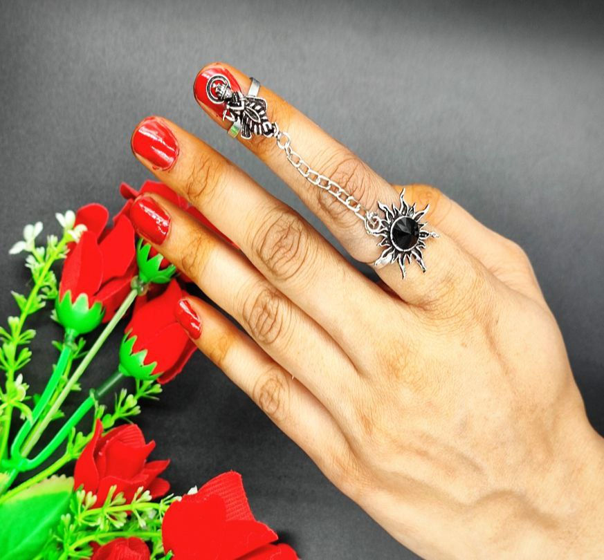 Thumbnail: Oxidised Krishna Double Finger Ring with Chain | Adjustable Statement Ring