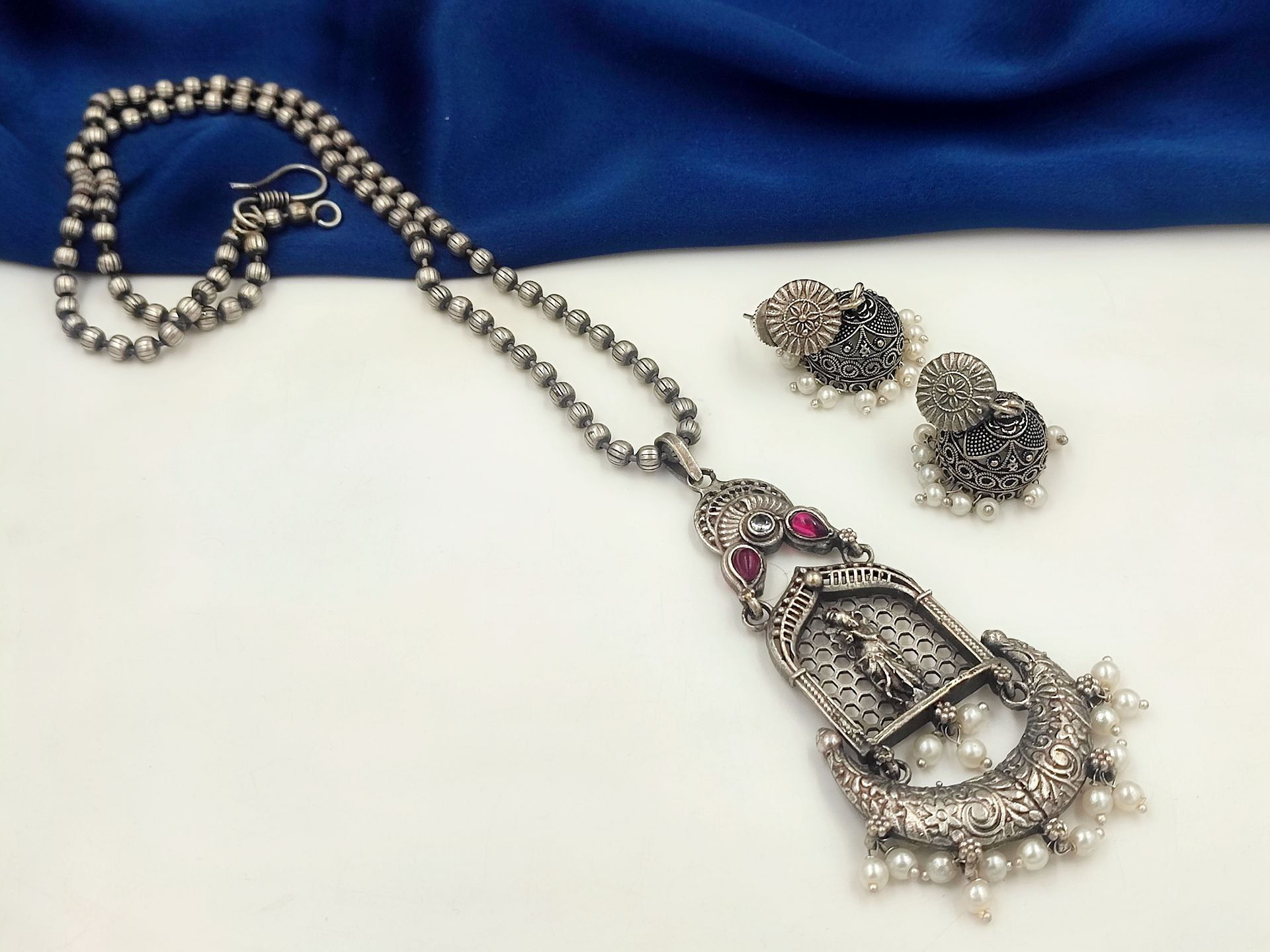 Oxidised Silver Look Replica Long Stone Chain Necklace with Jhumki Earrings