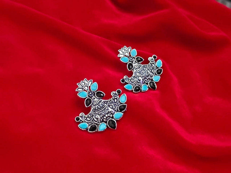 Thumbnail: Oxidised Silver Stone Stud Earrings – Lightweight Ethnic Jewellery