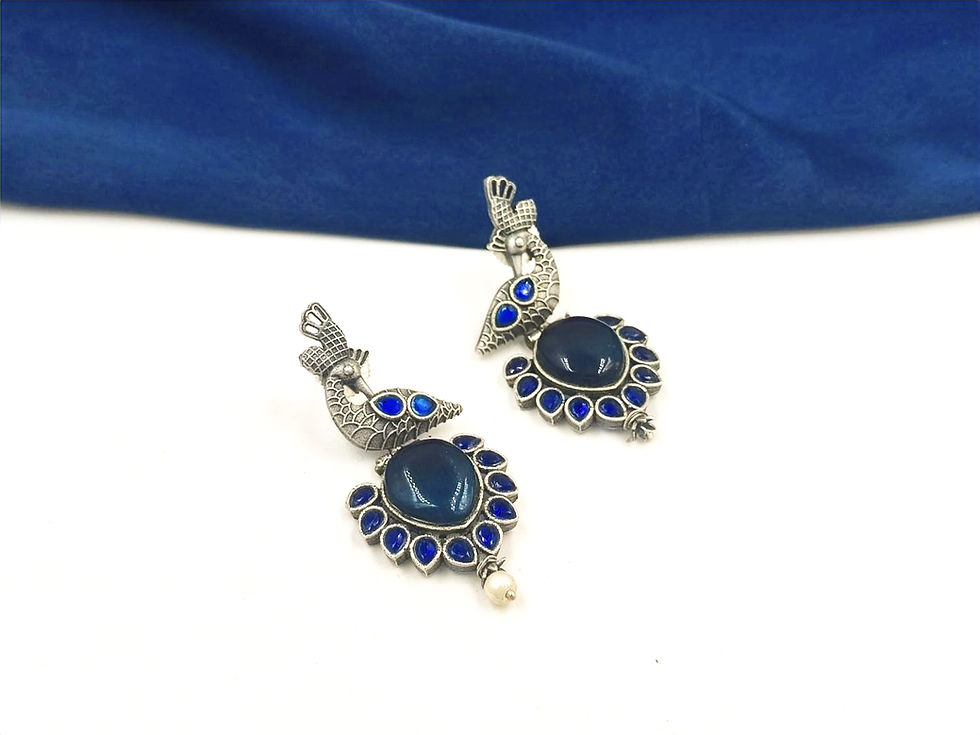 Thumbnail: Oxidised Silver Look Replica Peacock Stone Earrings
