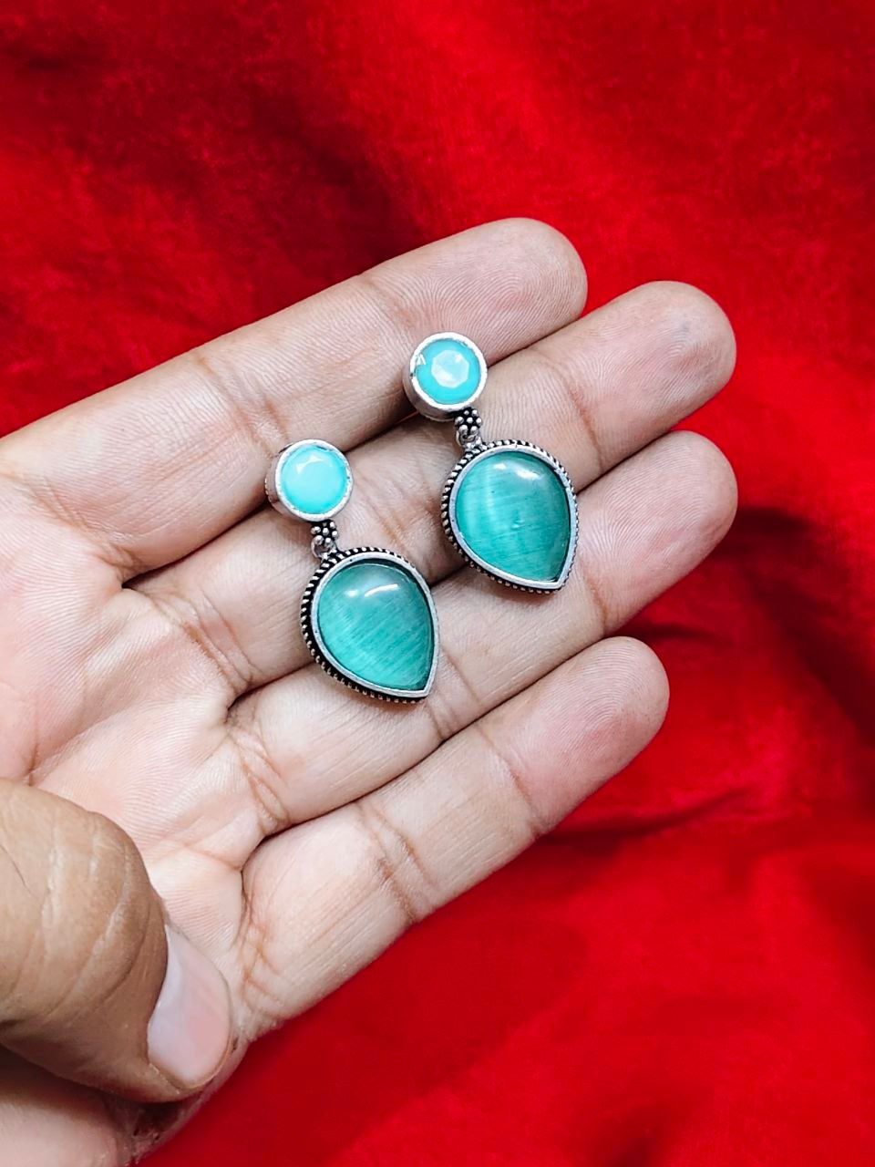 Designer Oxidised Silver Antique Glass Stone Earrings