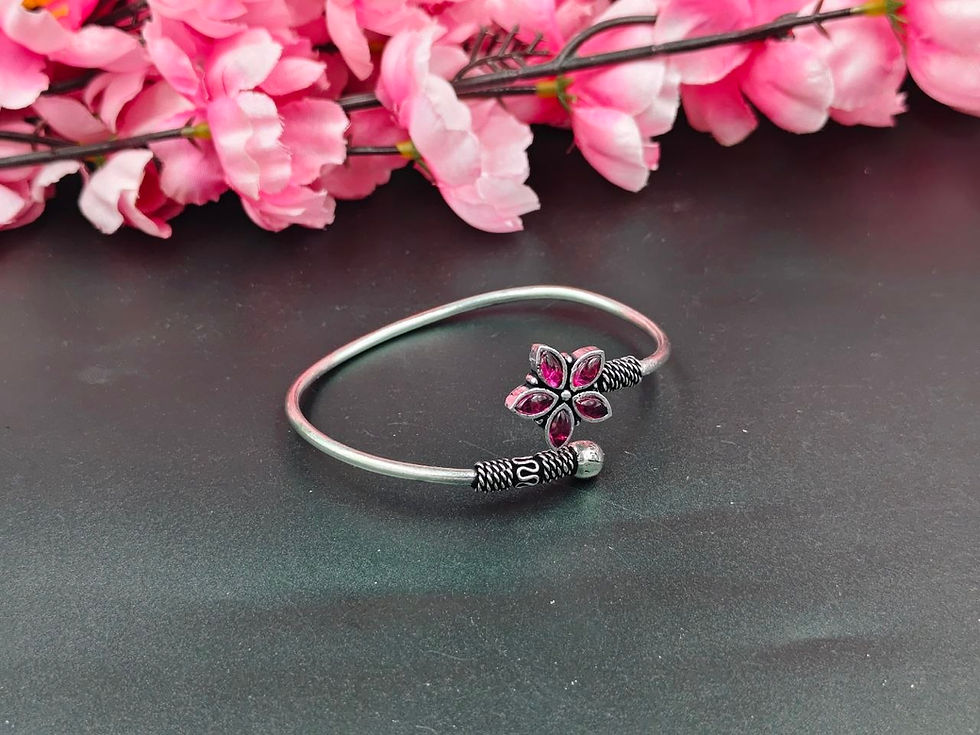 DVASU Oxidised Silver Flower Stone Bangle | Traditional Floral Design