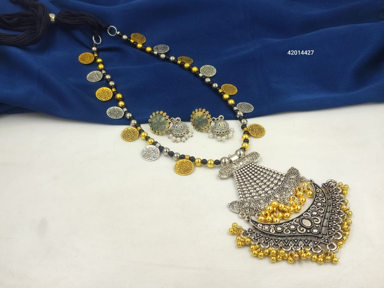 Oxidised Two Tone Long Necklace Set with Jhumki Earrings