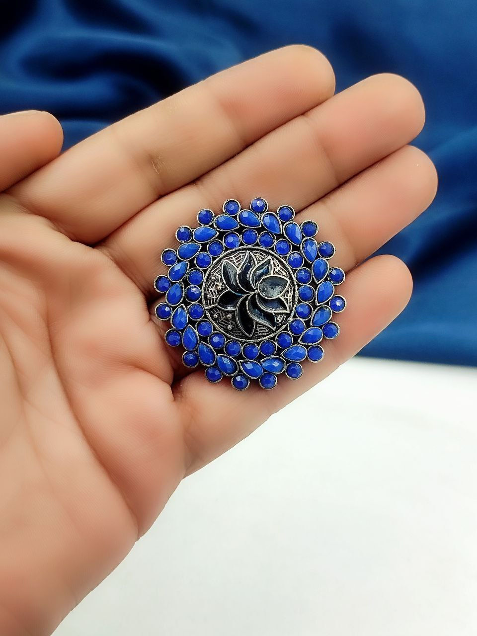 Oxidised Silver Flower Adjustable Ring for Women