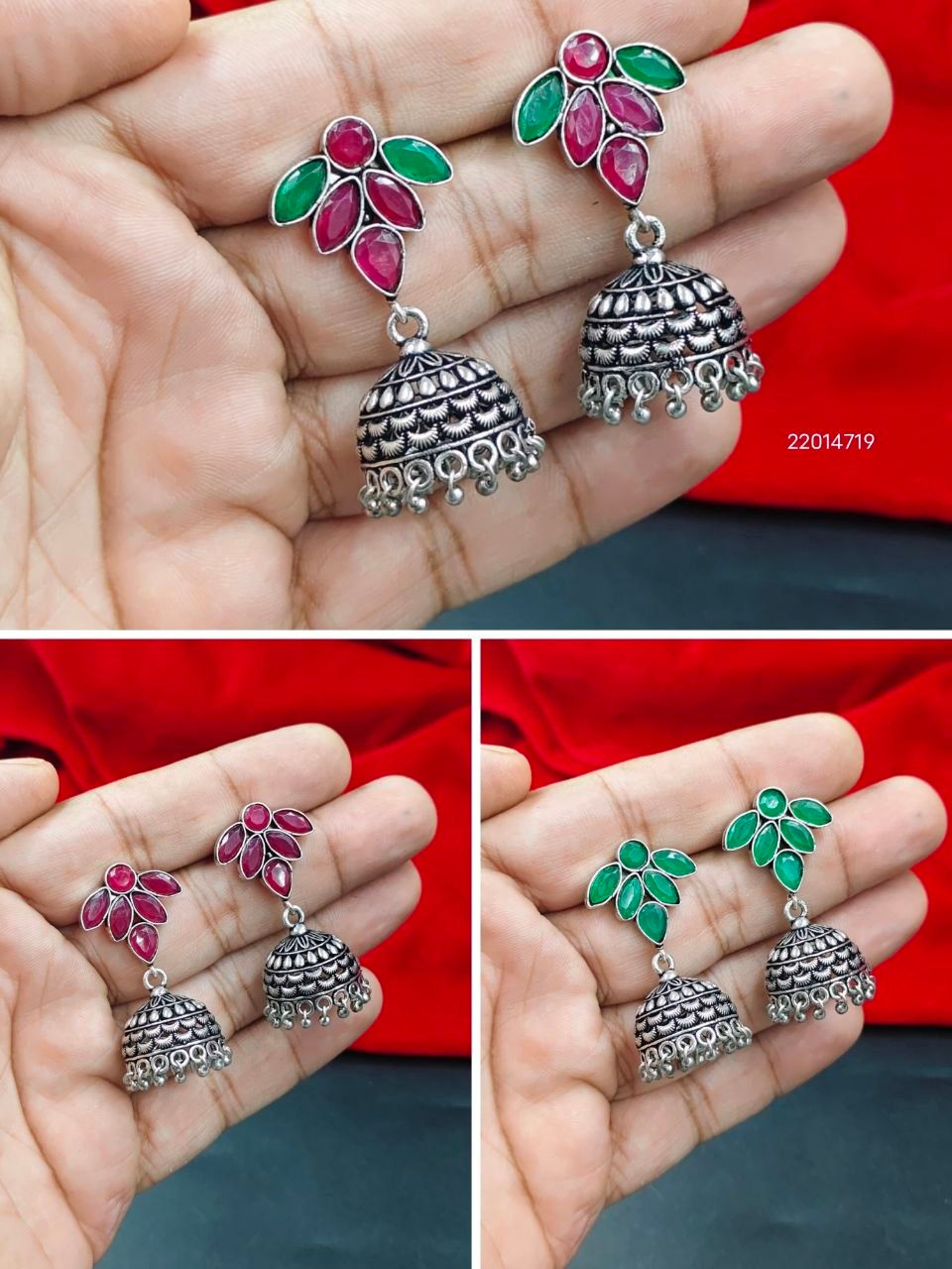 Oxidised Silver Stone Studs with Jhumki Earrings for Women