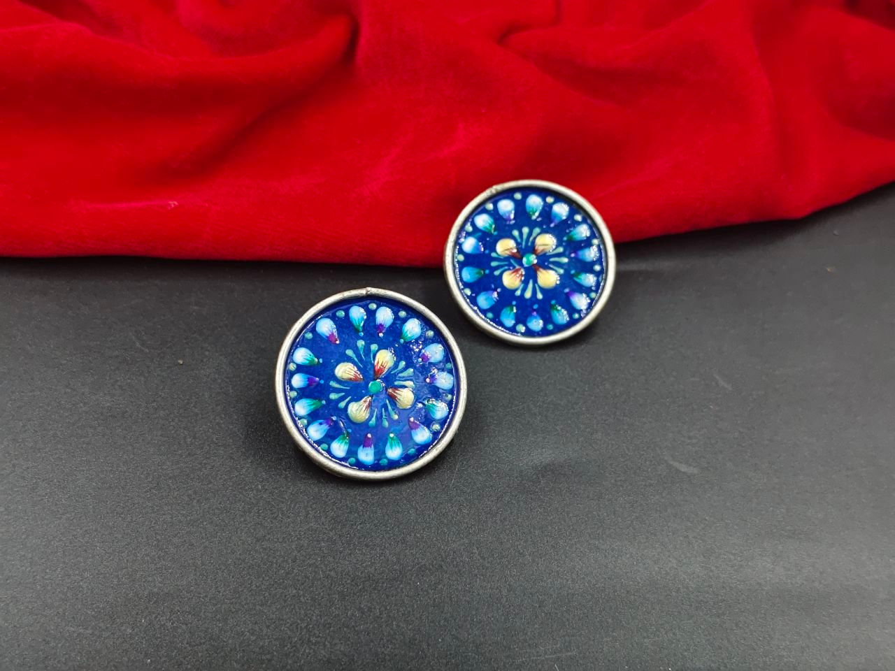 Oxidised Silver Look Black Polish Handmade Meena Stud Earrings for Women