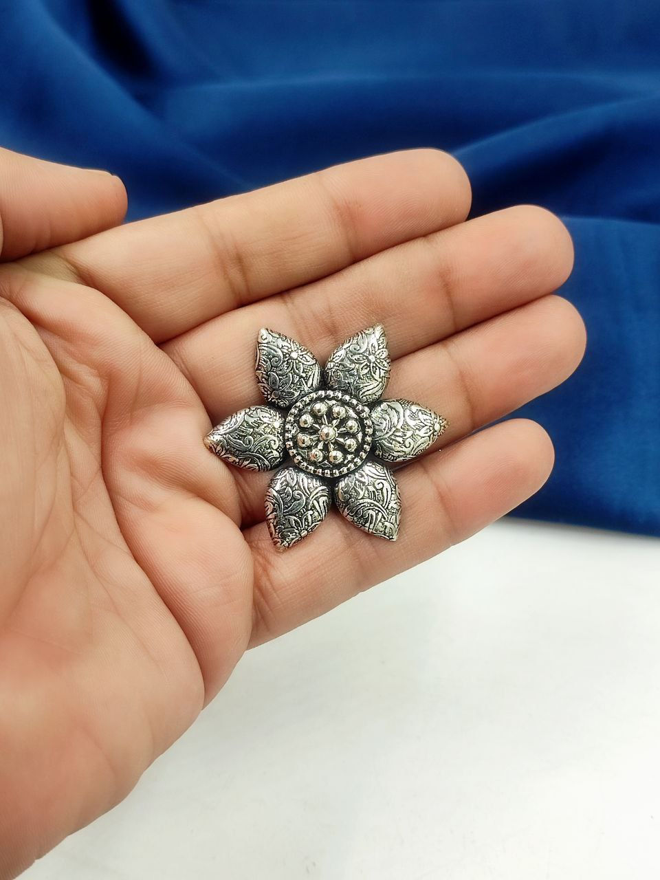 Oxidised Silver Flower Adjustable Ring | Handmade Floral Ethnic Ring