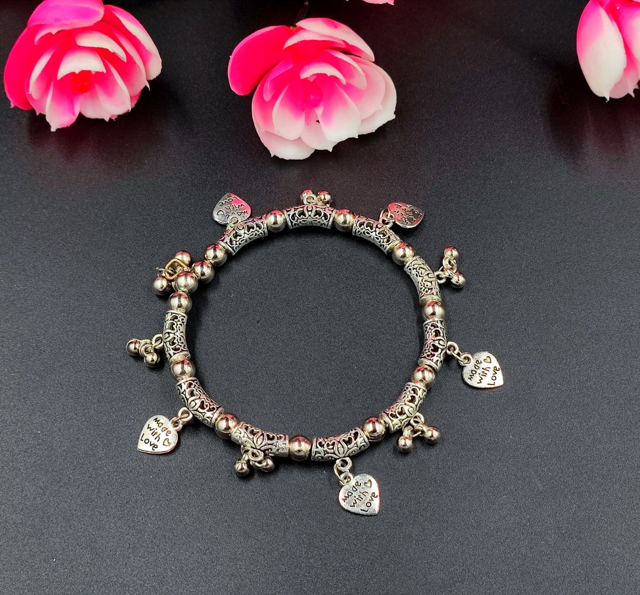 Oxidised Silver Lightweight Adjustable Heart Charms Bracelet for Women