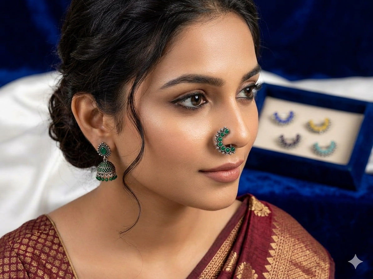 Oxidised Silver Stone Nath Clip for Women | Traditional Nose Ring