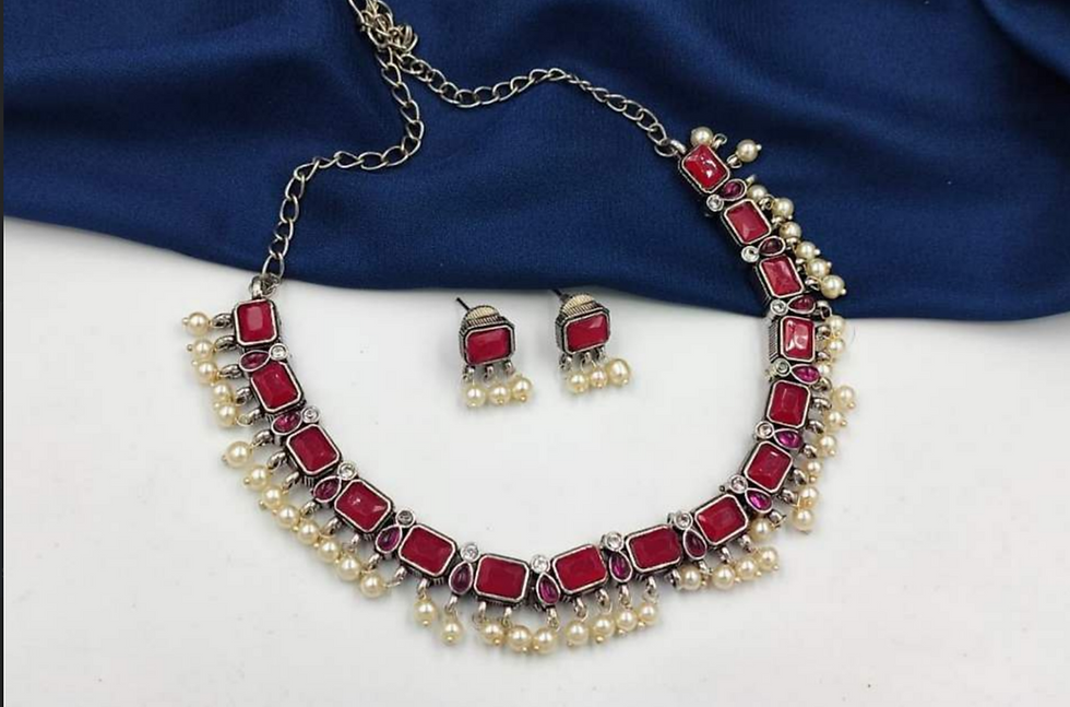The Classic Choice: Vintage Oxidized Brass Stone Choker Necklace Set with Earrin