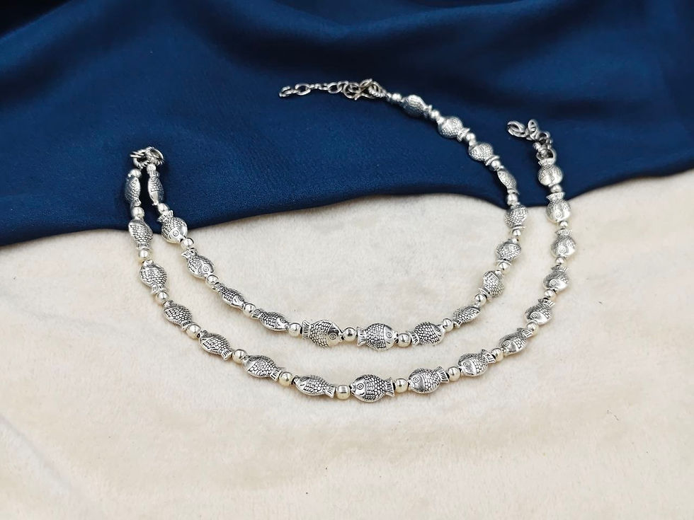 Handmade Oxidised Silver Fish Charm Anklet | Ethnic Jewelry