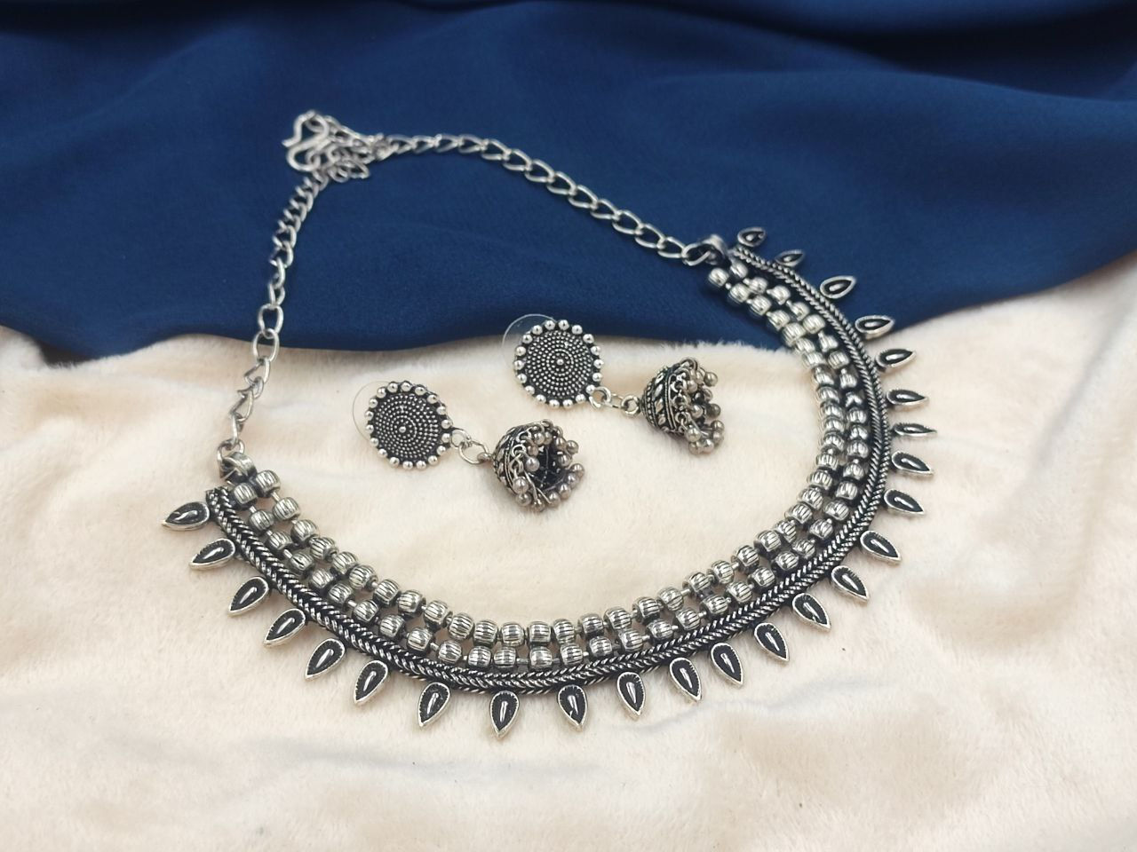 Oxidized Silver Choker Necklace Set with Earrings for Women