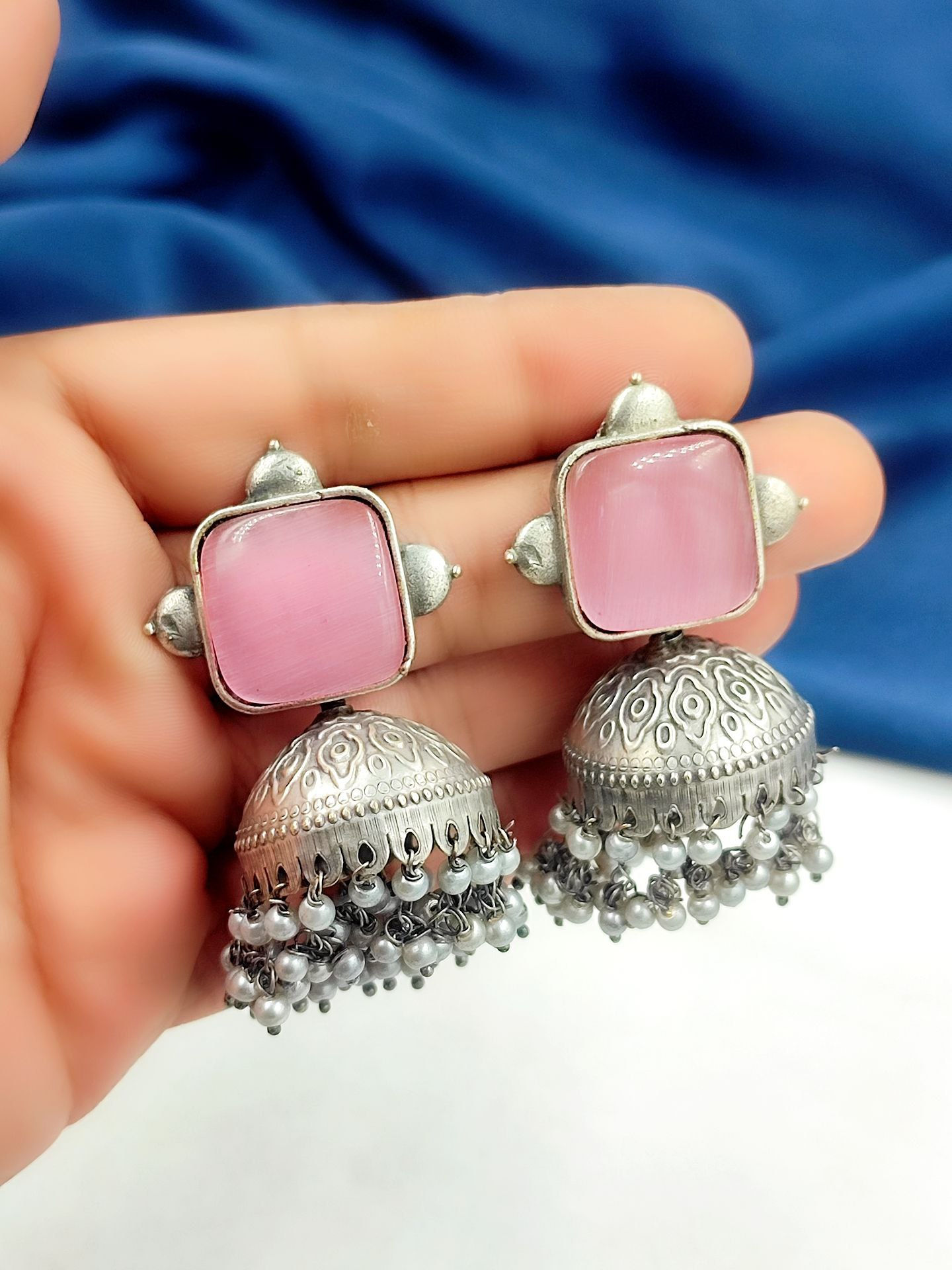 Oxidised Silver Look Pearl Work Jhumka Earrings with Stone Work for Women