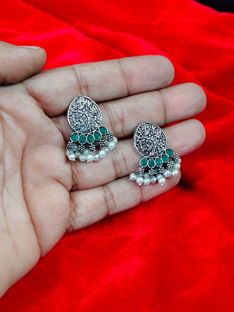 Oxidised Silver Stone Stud Earrings – Lightweight Ethnic Jewellery