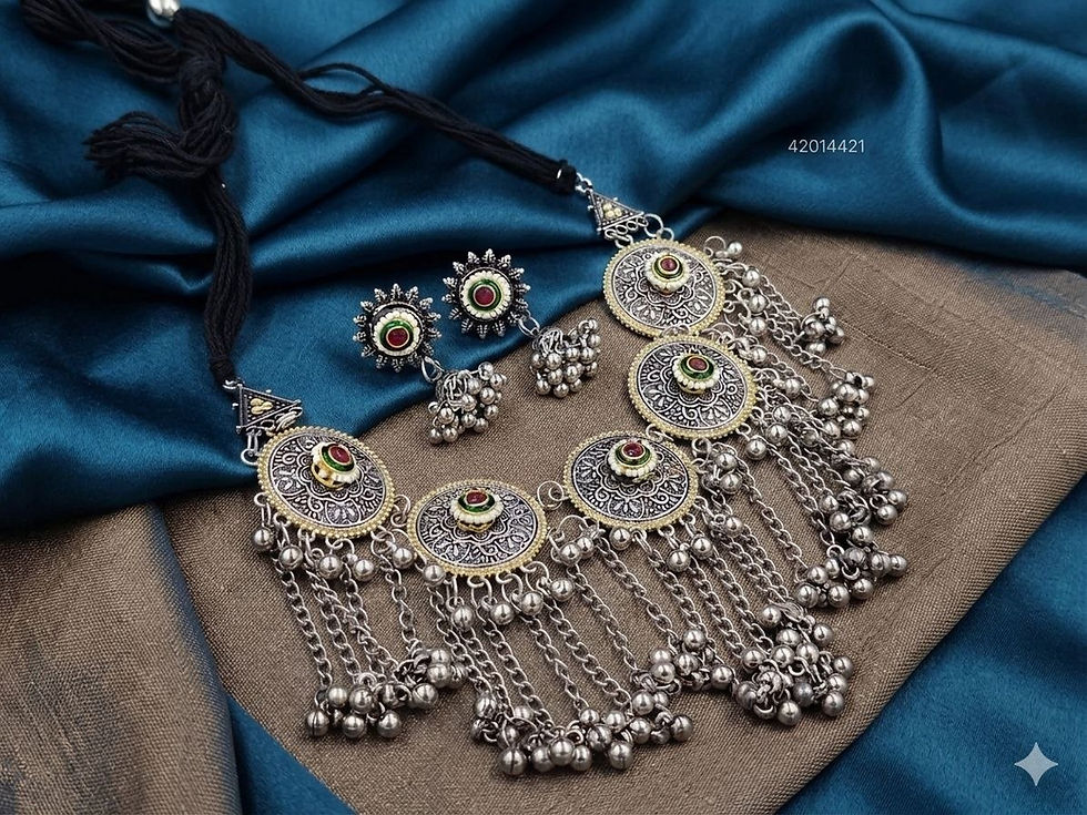 Oxidised Silver Two Tone Choker Necklace Set with Earrings