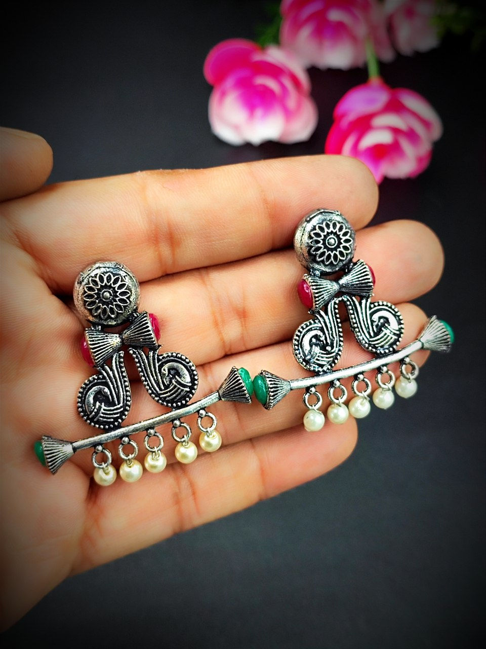 Lightweight Oxidised Silver Stone Earrings – Ethnic Fashion Jewellery