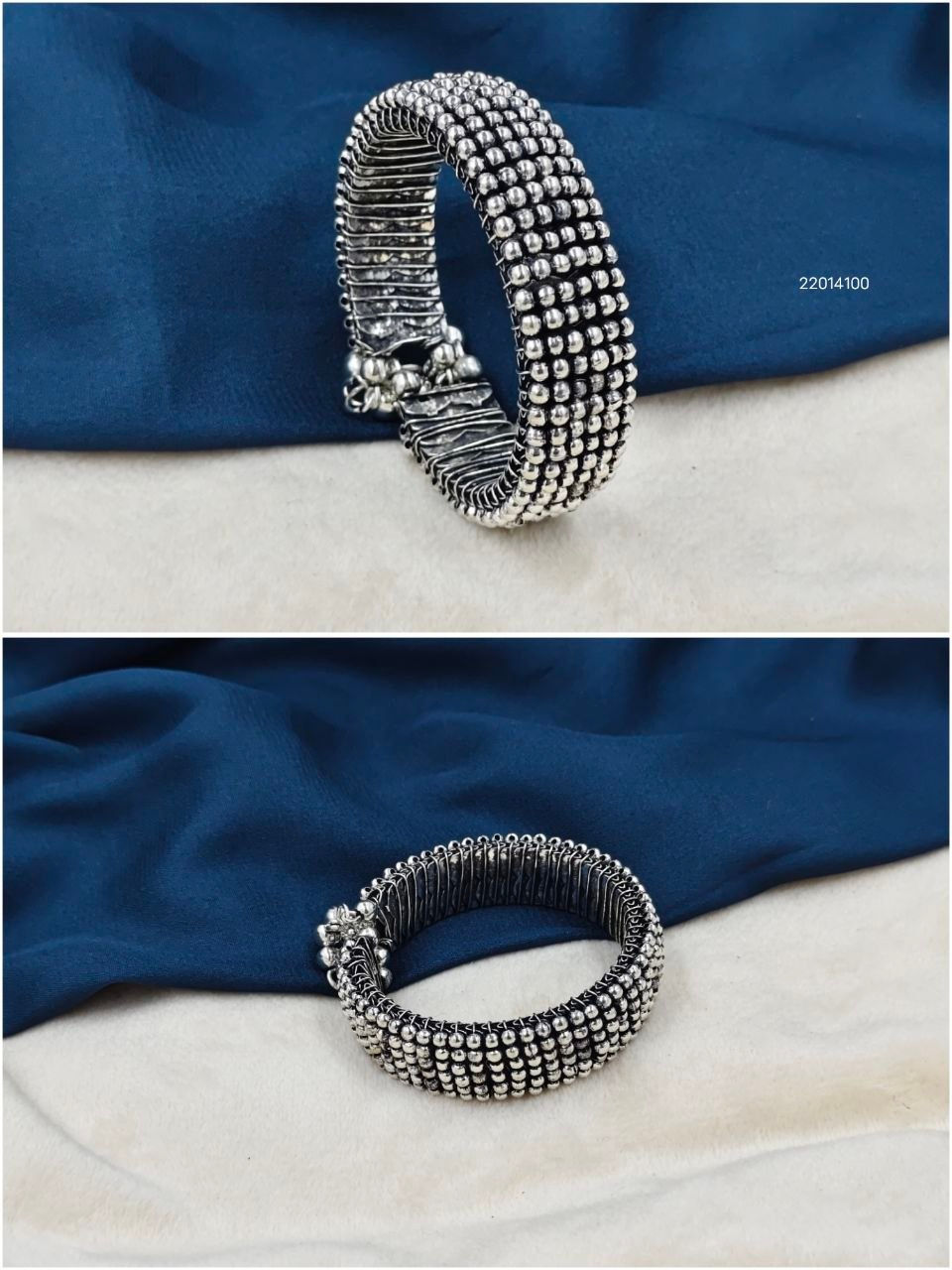 Elegant Oxidised Silver Beaded Flexible Bracelet