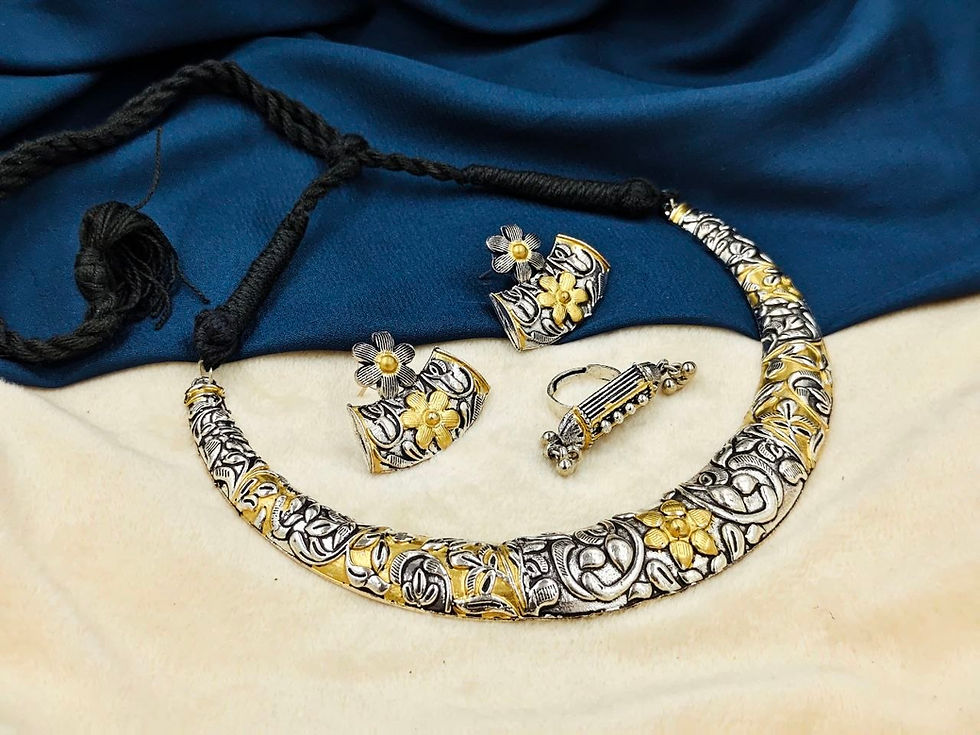 Traditional Oxidised Silver Two Tone Jewellery Combo Set for Women